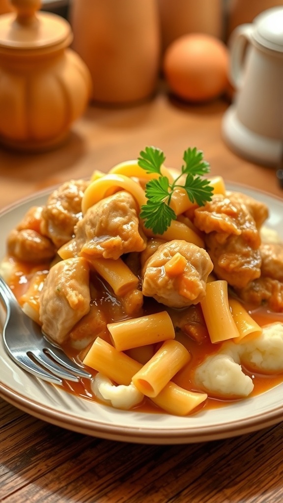 A plate of chicken and noodles over mashed potatoes, garnished with parsley, in a cozy kitchen setting.